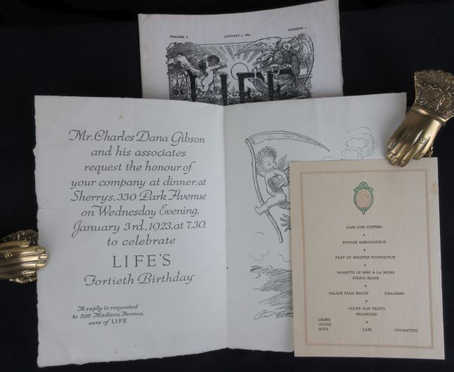 Image for Life Magazine 40th Anniversary Party Invitation to Sherry's January 3rd, 1923, with Menu, 2 Charles Dana Gibson Illustrations
