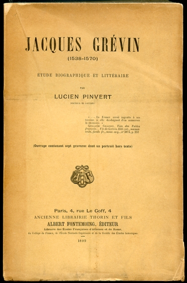 Image for Jacques Grevin (1538-1570) Etude Biographique Et Litteraire