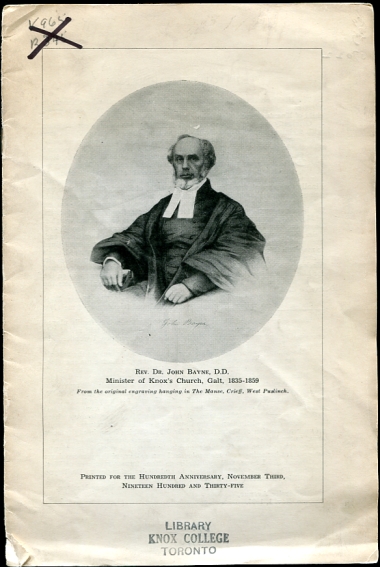 Image for Rev. Dr. John Bayne D.D. Minister of Knox's Church, Galt, 1835-1859