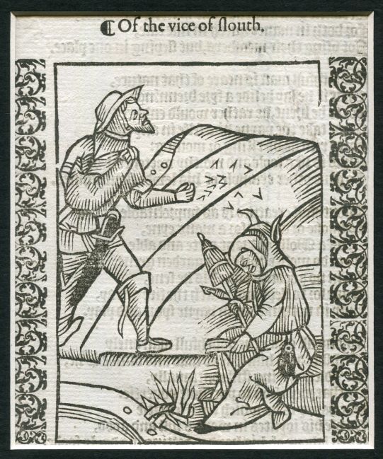 WOODCUT: Ship of Fools: Of the vice of slouth. Stultifera Navis: The Ship of fooles: wherein is shewed the folly of all states…translated out of Latin into Englishe Matted original woodcut Image for WOODCUT: Ship of Fools: Of the vice of slouth. Stultifera Navis: The Ship of fooles: wherein is shewed the folly of all states…translated out of Latin into Englishe Matted original woodcut